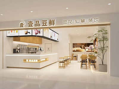 Modern Bubble Tea Shop Interior With Tofu Pudding Grass Jelly Drinks And Seating Area 3d model