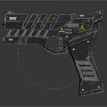 Futuristic Black Pistol Weapon with Textured Surface and Warning Symbols
