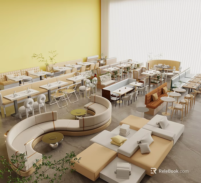 Modern Restaurant Interior Design With Yellow Walls Tables Chairs Sofa Seats And Plants 3d model 
