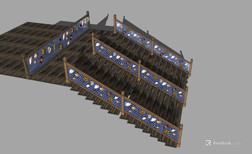 Ornate Wooden Staircase Railing Featuring Decorative Colorful Patterns And Design Elements 3d model