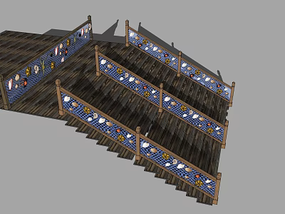 Ornate Wooden Staircase Railing Featuring Decorative Colorful Patterns And Design Elements 3d model