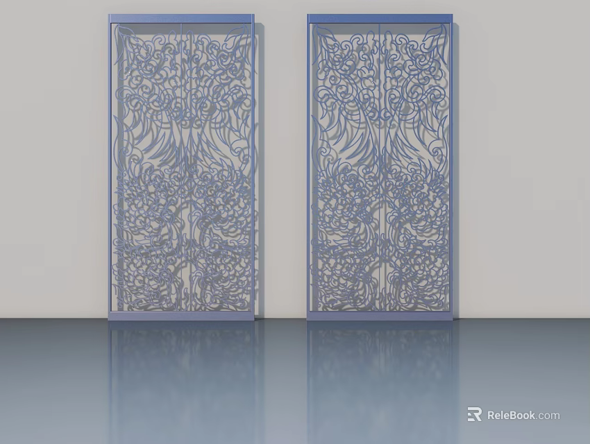 Modern Swing Doors With Intricate Floral Patterns And Blue White Panels 3d model 