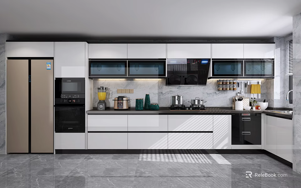 Modern Kitchen Interior Design With White Cabinets And Marble Countertop Appliances 3d model 