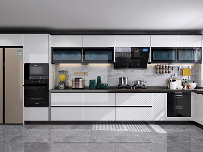Modern Kitchen Interior Design With White Cabinets And Marble Countertop Appliances 3d model