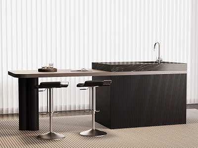 Modern Kitchen Marble Island With Black Cabinet Sink Bar Stools And White Blinds 3d model