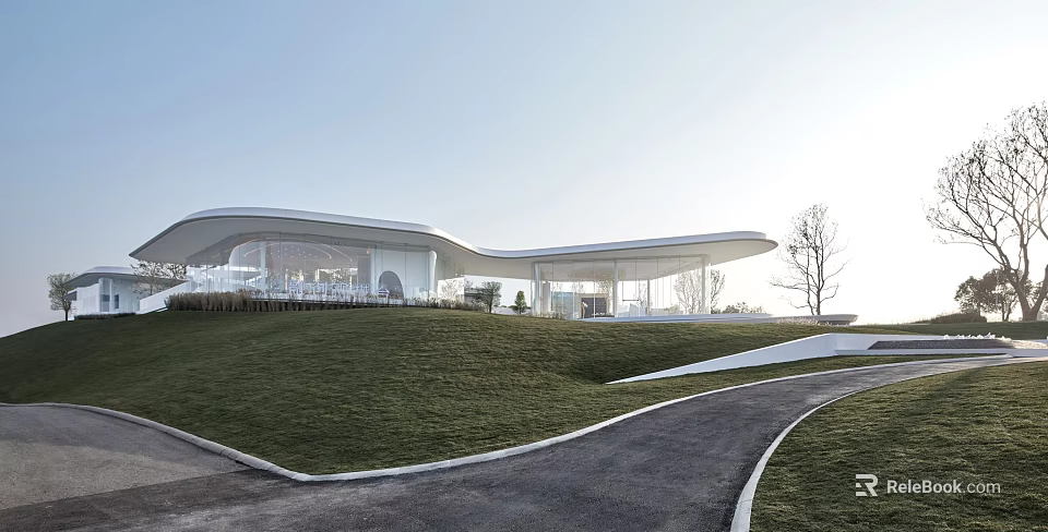 Modern Sales Office Building With Curved Roof And Glass Facade On Green Lawn 3d model