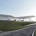 Modern Sales Office Building With Curved Roof And Glass Facade On Green Lawn 3d model