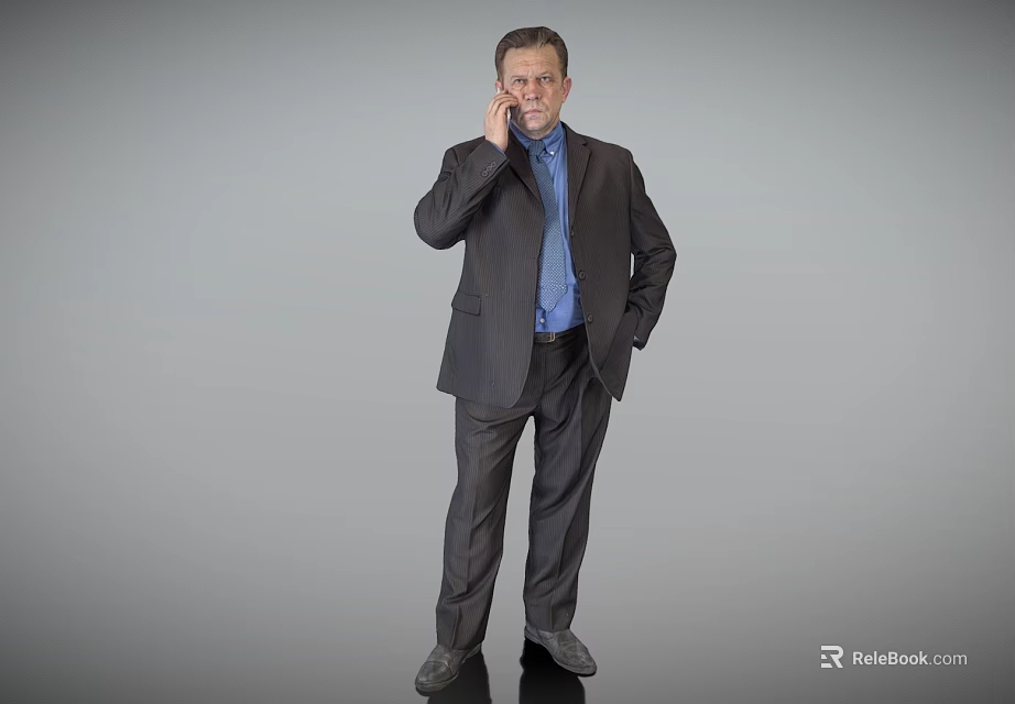 Businessman in Dark Suit and Blue Shirt Talking on Phone with Left Hand in Pocket Against Gray Background 3d model 