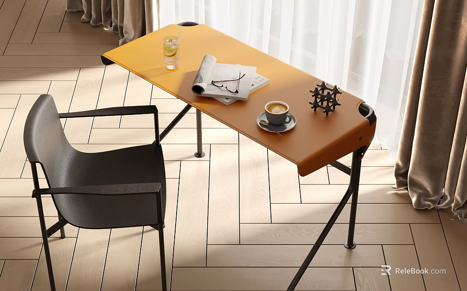Stylish Modern Orange Desk With Black Chair Newspaper Coffee Cup And Decorative Sculpture 3d model 
