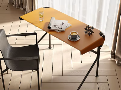 Stylish Modern Orange Desk With Black Chair Newspaper Coffee Cup And Decorative Sculpture 3d model