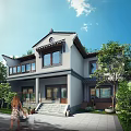 Traditional Chinese Ancient Architecture Courtyard With Tile Roof And Green Garden Surrounded By Trees