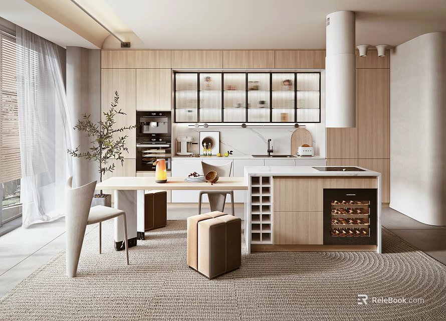 Modern Elegant Kitchen Interior Design With Wooden Cabinets Glass Door Wine Rack And Dining Table 3d model 