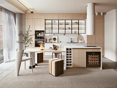 Modern Elegant Kitchen Interior Design With Wooden Cabinets Glass Door Wine Rack And Dining Table 3d model