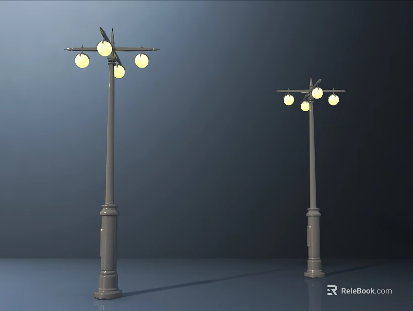 Outdoor Street Lights With Metallic Lamp Posts And Four Round Bulbs Design 3d model 