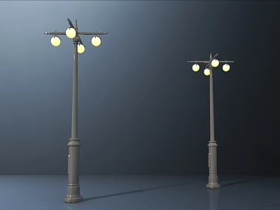 Outdoor Street Lights With Metallic Lamp Posts And Four Round Bulbs Design 3d model