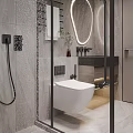 Modern Bathroom With Glass Shower Smart Toilet Backlit Mirror And Gray Tiles