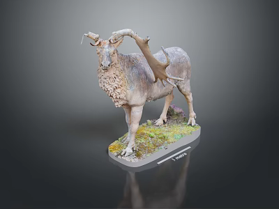 Detailed Animal Statue Featuring Large Horns Mossy Base And Realistic Fur Texture 3d model