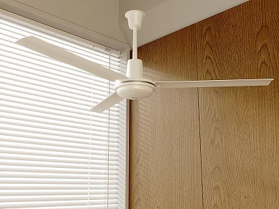 Modern White Ceiling Fan Mounted On Ceiling In Room With Window Blinds And Wooden Wall 3d model