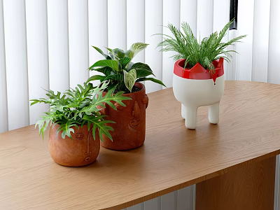 Bonsai Potted Plants On Wooden Table With White Louvered Blinds And Various Styled Pots 3d model