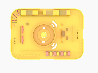 Yellow Playground Equipment With Square Platform Central Circular Rotating Disk And Striped Seats 3d model