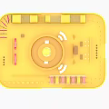 Yellow Playground Equipment With Square Platform Central Circular Rotating Disk And Striped Seats