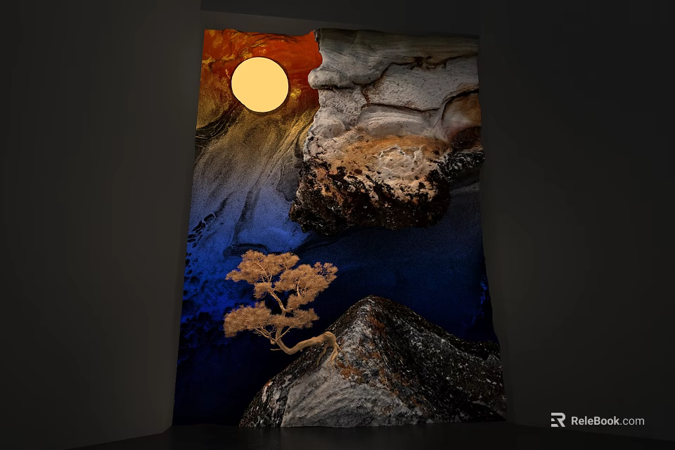 Natural Landscape Feature Wall With Yellow Circular Light Rocks Pine Tree And Gradient Background 3d model 