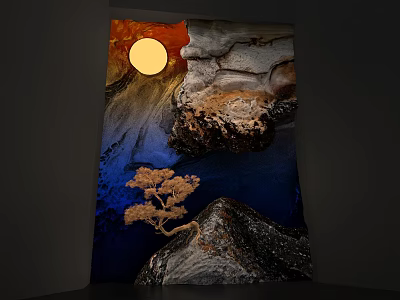 Natural Landscape Feature Wall With Yellow Circular Light Rocks Pine Tree And Gradient Background 3d model