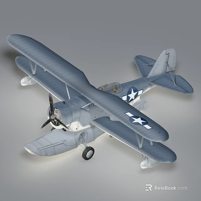 Gray Biplane Passenger Aircraft 3D Model With Propeller And Stars On Wings 3d model 