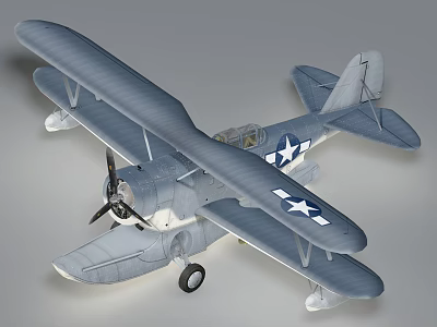 Gray Biplane Passenger Aircraft 3D Model With Propeller And Stars On Wings 3d model