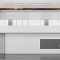 Modern Lobby Interior With Red Decorative Wall White Ceiling Furniture And Floor To Ceiling Windows