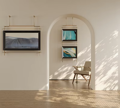 Elegant Interior Space With Arched Doorway Wall Art Chair And Sunlit Wooden Floor 3d model