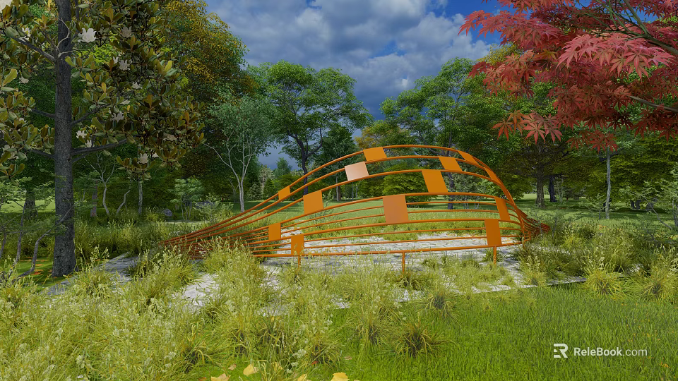 Orange Wavy Metal Sculpture With Square Panels Set In Green Grass And Trees 3d model 