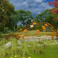 Orange Wavy Metal Sculpture With Square Panels Set In Green Grass And Trees