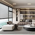 Modern Minimalist Living Room With Large Windows Bookshelves And Beige Sofa