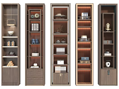 Modern Wooden Decorative Display Cabinets With Multiple Shelves And Decorative Items 3d model