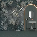 White Washbasin With Round Mirror Floral Leaf Wallpaper Black Shelf Light Blue Floor