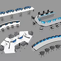 Modern Curved Office Desk And Chair Combinations With Multiple Computer Monitors 3d model