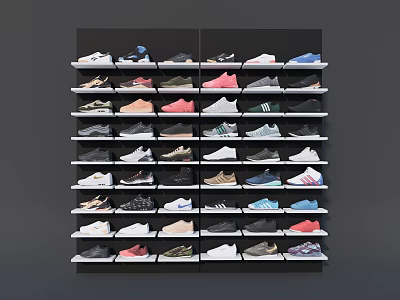 Organized Multi Layer Shoe Cabinet Storage With Various Colorful Sneakers Neatly Arranged 3d model