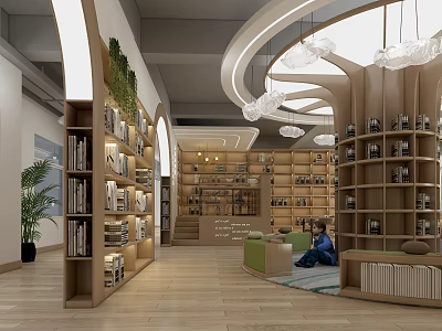 Wooden Shoe Bench In Modern Interior With Bookshelves Green Plants And Hanging Lamps 3d model