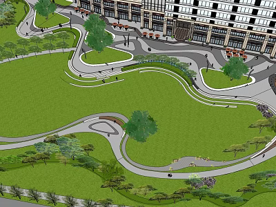 Scenic Park Landscape With Green Lawns Winding Pathways Trees And Background Buildings 3d model