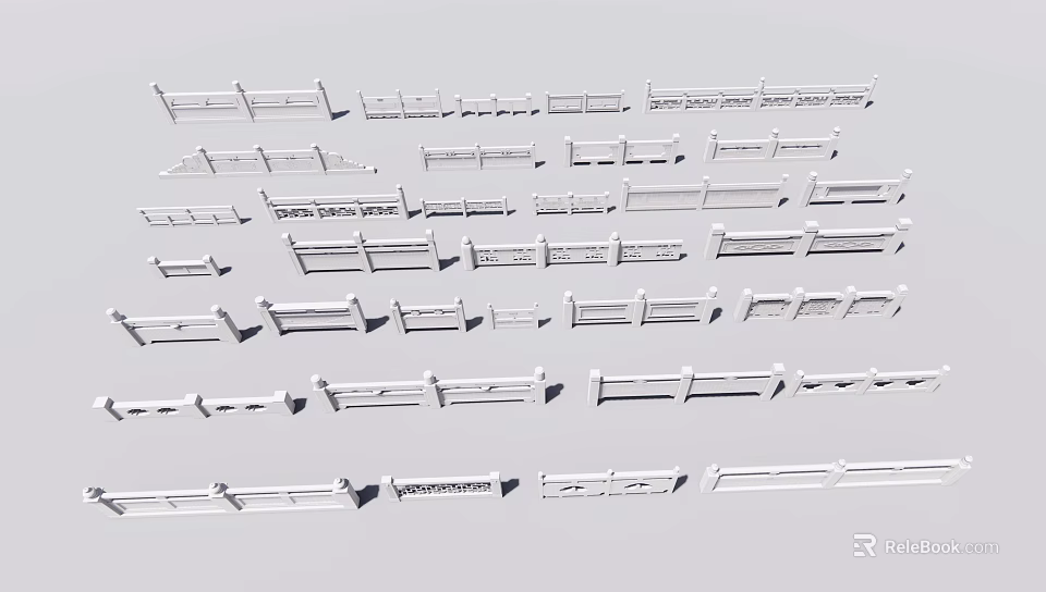Collection of White Fences with Various Styles and Different Designs 3d model 