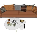 Brown Fabric Two Seater Sofa With Multiple Decorative Cushions And Round Coffee Table 3d model