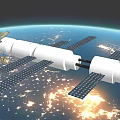 International Space Station in Earth Orbit with Solar Panels and Docked Small Spacecraft