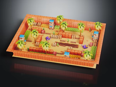 Miniature Tropical Scene With Palm Trees Brick Walls Small Buildings And Paths 3d model