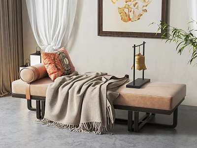 Elegant Ottoman With Blanket Pillows Table Lamp Curtains Decorative Art And Plant In Room 3d model