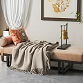 Elegant Ottoman With Blanket Pillows Table Lamp Curtains Decorative Art And Plant In Room