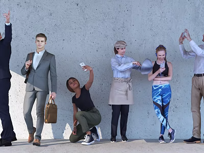 Group of People Against Wall with Raised Hands Phones Suits Aprons Sportswear and Crouching 3d model