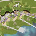 Modern Scenic Wall Design In Park Landscape With Greenery And Water Features