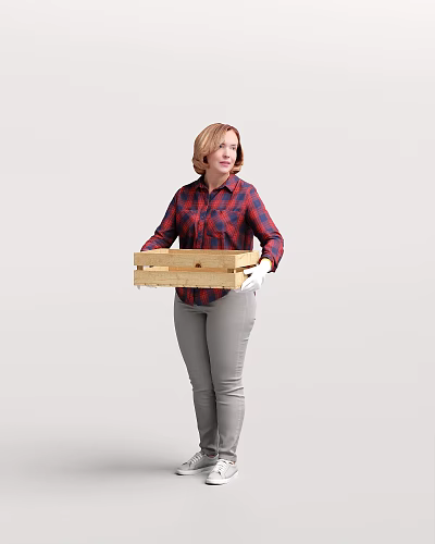 Woman In Red And Blue Plaid Shirt Gray Pants Holding Wooden Crate With White Gloves 3d model