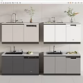 Modern Kitchen Sink Cabinet Units With Faucet Dishwasher And Decorative Plants In Various Colors
